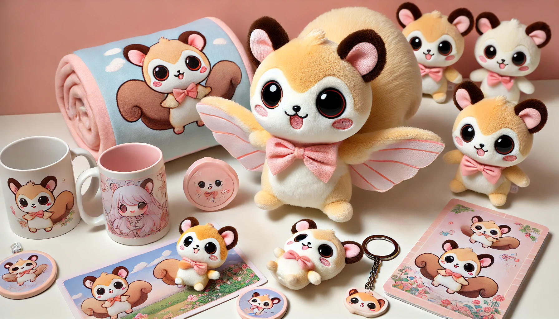 A cute and cheeky flying squirrel character in the style of 'chiikawa', featured on various popular merchandise such as plush toys, keychains, and mugs. The merchandise is laid out in a playful arrangement with soft pastel colors, showing off the adorable character in different poses on each item.