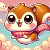 A cute and cheeky flying squirrel character in the style of 'chiikawa', with large expressive eyes, puffy cheeks, and a playful smile. The squirrel is flying through the air, wearing a little scarf, set against a soft, pastel background with fluffy clouds and bright colors, embodying a sense of mischief and cuteness.