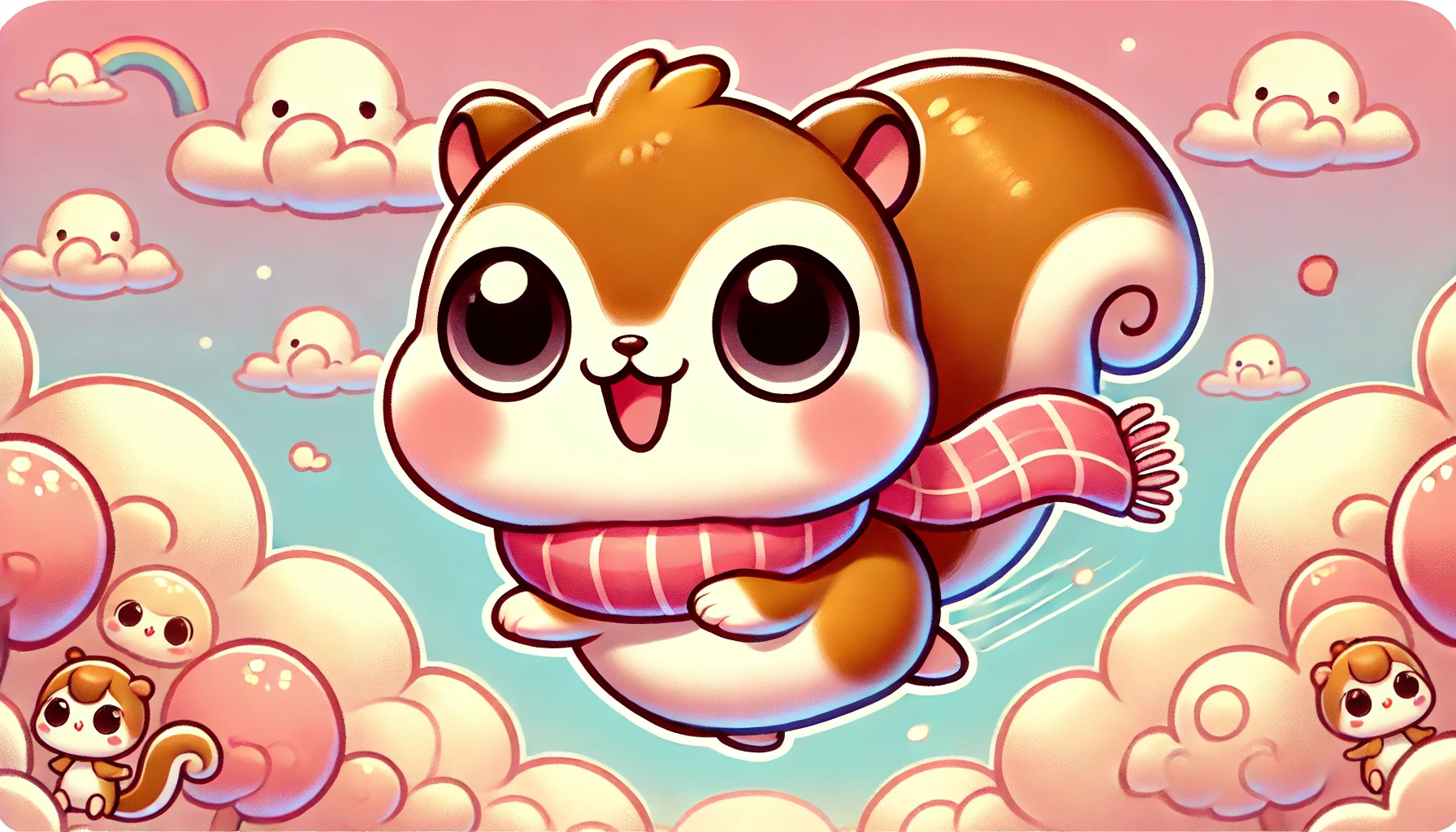 A cute and cheeky flying squirrel character in the style of 'chiikawa', with large expressive eyes, puffy cheeks, and a playful smile. The squirrel is flying through the air, wearing a little scarf, set against a soft, pastel background with fluffy clouds and bright colors, embodying a sense of mischief and cuteness.