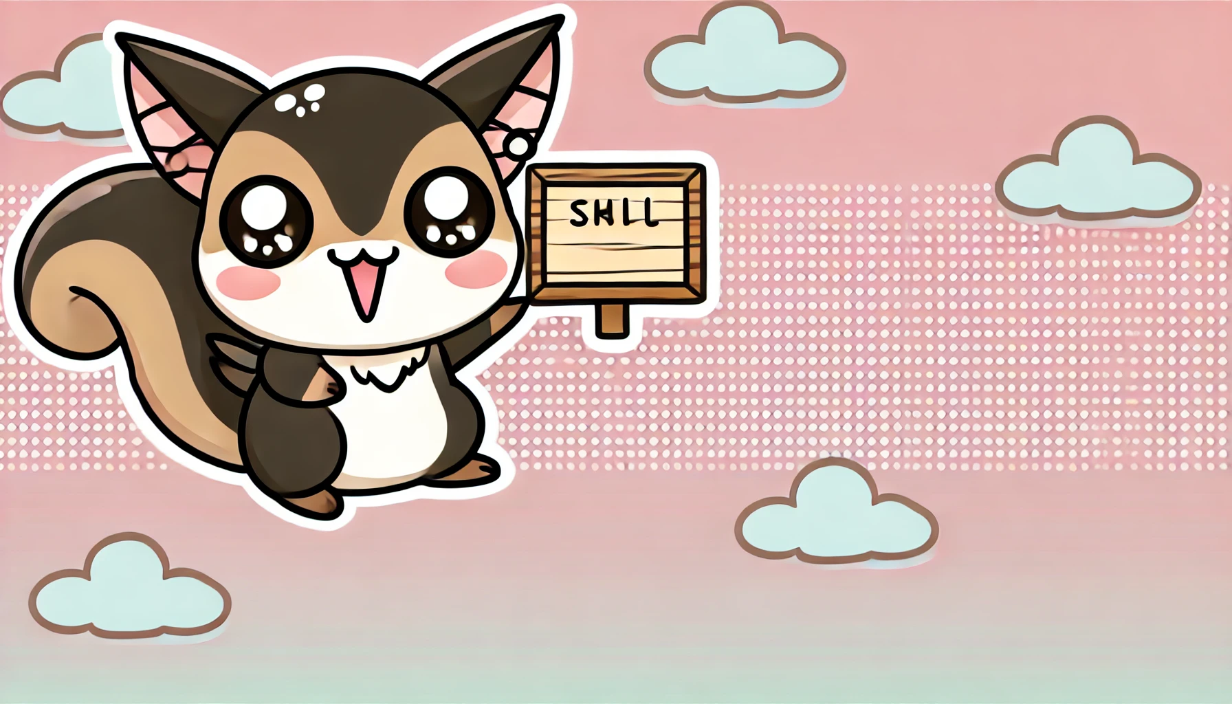 A cute and cheeky flying squirrel character in the style of 'chiikawa', holding a tiny sign with a funny and bold quote, looking proud and mischievous. The background is a pastel tone with soft clouds, keeping the playful and innocent theme.