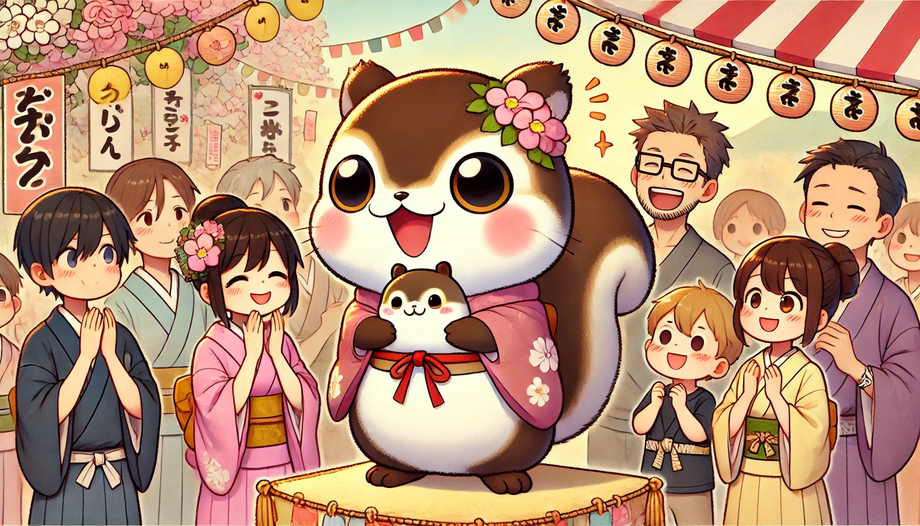 A scene showing a cute and cheeky flying squirrel character in the style of 'chiikawa' being adored by fans. The fans, Japanese people, are smiling and holding plush toys of the character, with soft pastel decorations and banners around. The background is a festival or event atmosphere, full of charm and happiness, showcasing how much the character is loved.