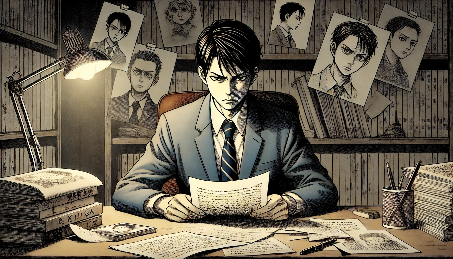 A serious and tense scene featuring a Japanese manga author at a desk with a manuscript, looking stressed and concerned. The background includes manga sketches, bookshelves, and papers scattered around. The setting is a small, dimly lit room with a focused atmosphere, representing the challenges and criticisms faced by the author. No text, no logos.