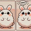 A cute rabbit character in a style similar to 'Chiikawa' manga, with a round, fluffy appearance and large expressive eyes. The second scene shows the rabbit saying one of its signature phrases, with a speech bubble above its head. The background is simple, resembling a hand-drawn style with soft pastel colors. The rabbit appears to be happy and playful.