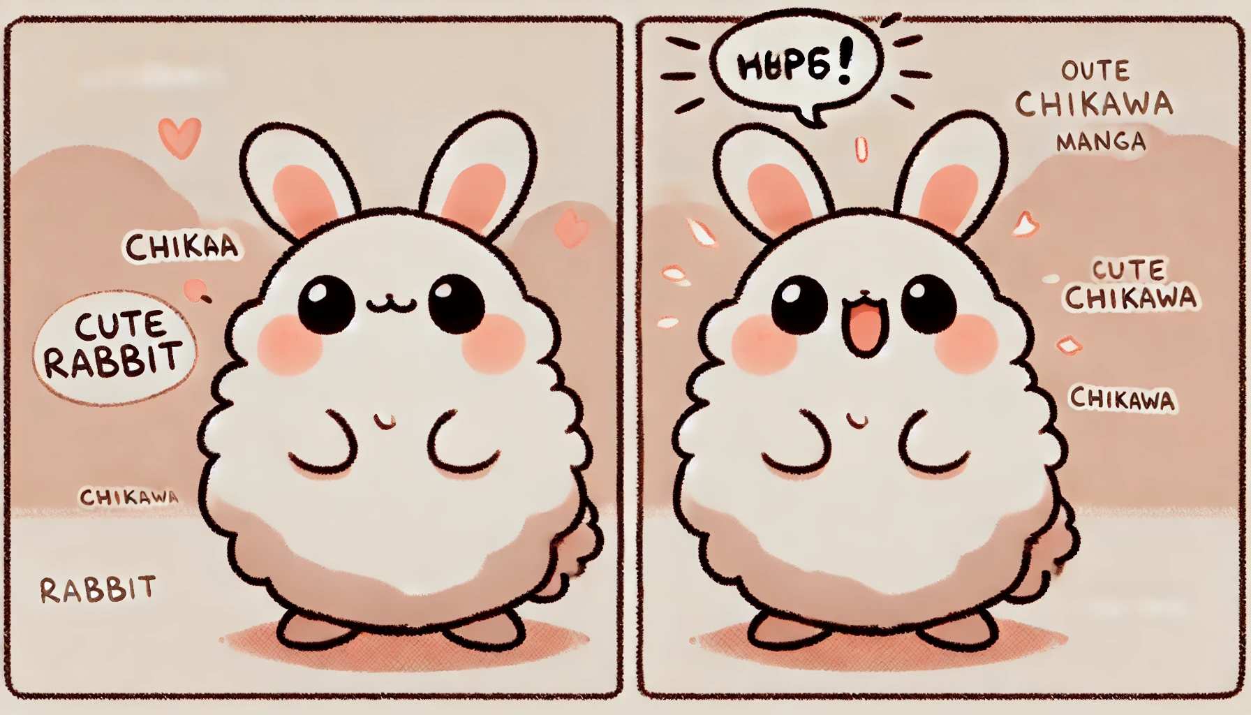 A cute rabbit character in a style similar to 'Chiikawa' manga, with a round, fluffy appearance and large expressive eyes. The second scene shows the rabbit saying one of its signature phrases, with a speech bubble above its head. The background is simple, resembling a hand-drawn style with soft pastel colors. The rabbit appears to be happy and playful.