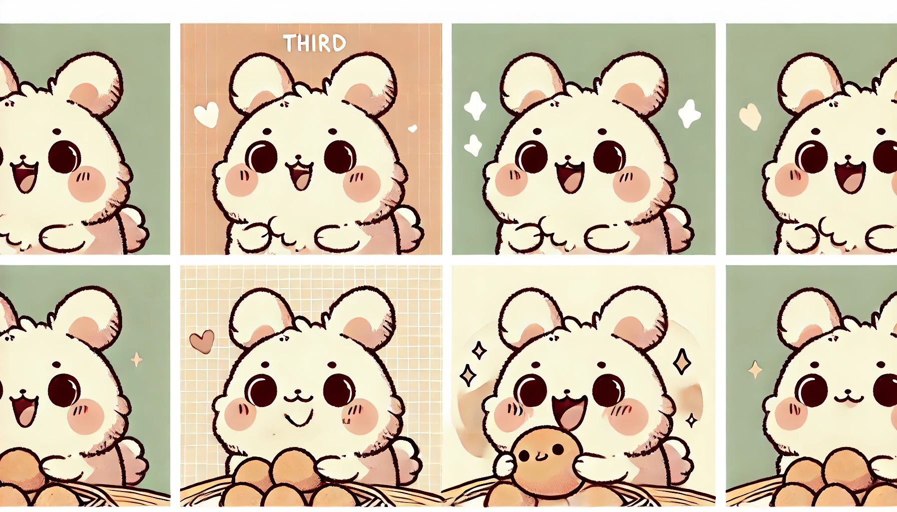 A cute rabbit character in a style similar to 'Chiikawa' manga, with a round, fluffy appearance and large expressive eyes. The third scene shows the rabbit happily eating its favorite food, with a joyful expression. The background is simple and soft, resembling a hand-drawn style, with pastel colors. The rabbit looks content while munching on its favorite snack.