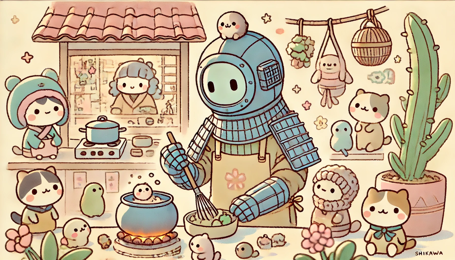 A cute, 'chiikawa'-style manga panel showing a fully face-covered armored character taking care of various tasks like cooking, cleaning, and tending to other small, adorable creatures. The scene is heartwarming, with soft colors and a pastel-toned environment, reminiscent of 'chiikawa'. The character is shown helping and caring for others in a playful and affectionate way.