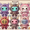 A cute, 'chiikawa'-style manga panel featuring various types of fully face-covered armored characters. Each character has a unique color or design for their armor, showing different personalities. The scene is lighthearted and colorful, with a pastel-toned environment reminiscent of 'chiikawa'.