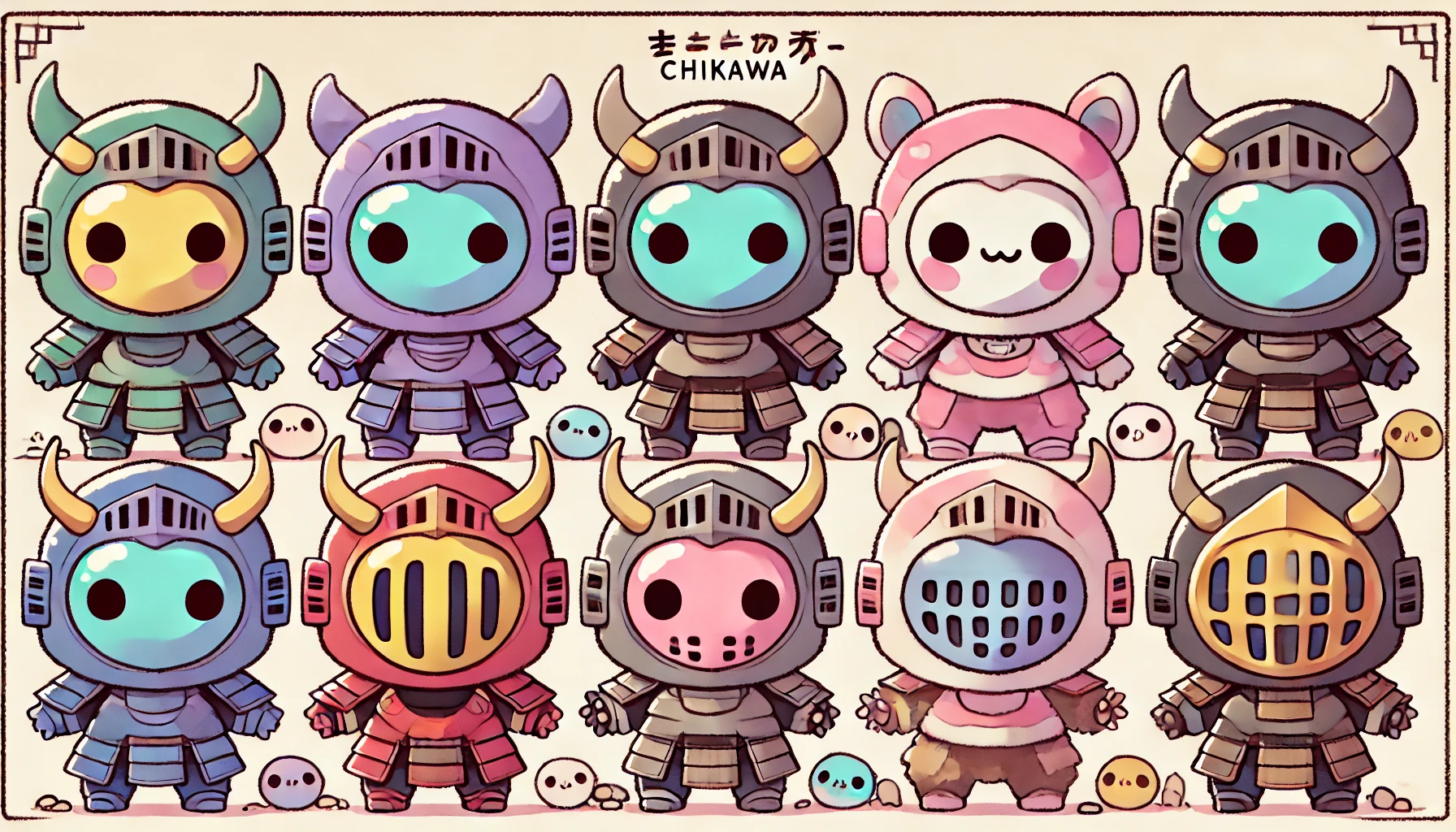 A cute, 'chiikawa'-style manga panel featuring various types of fully face-covered armored characters. Each character has a unique color or design for their armor, showing different personalities. The scene is lighthearted and colorful, with a pastel-toned environment reminiscent of 'chiikawa'.