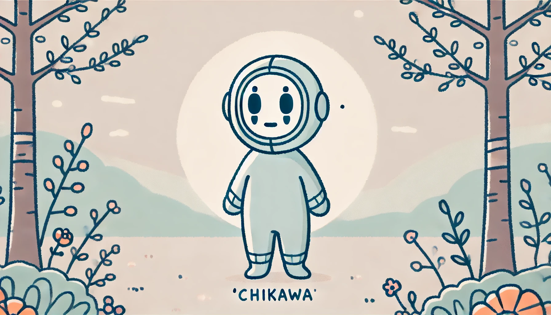 A cute, 'chiikawa'-style manga panel featuring a character wearing a body-fitting suit of armor. The armor fits snugly around the character's small, rounded body with an adorable, simple design. The scene should be lighthearted, hinting at the character's mysterious identity. The environment is soft, pastel-toned, resembling the world of 'chiikawa'.