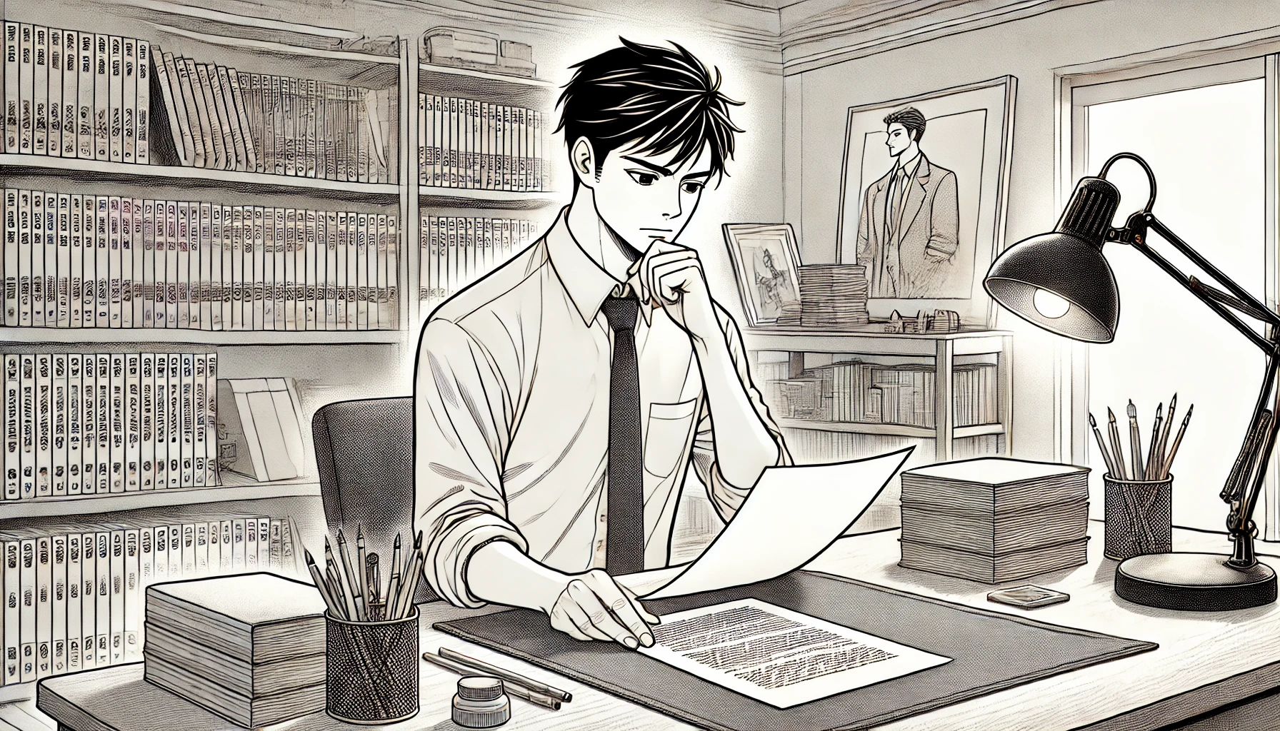 A thoughtful and cautious scene showing a Japanese manga author working carefully at a desk, reviewing a manuscript. The background includes shelves with manga volumes, a drawing table, and reference materials. The room is brightly lit, representing the careful consideration and effort put into continuing the manga series. No text, no logos.