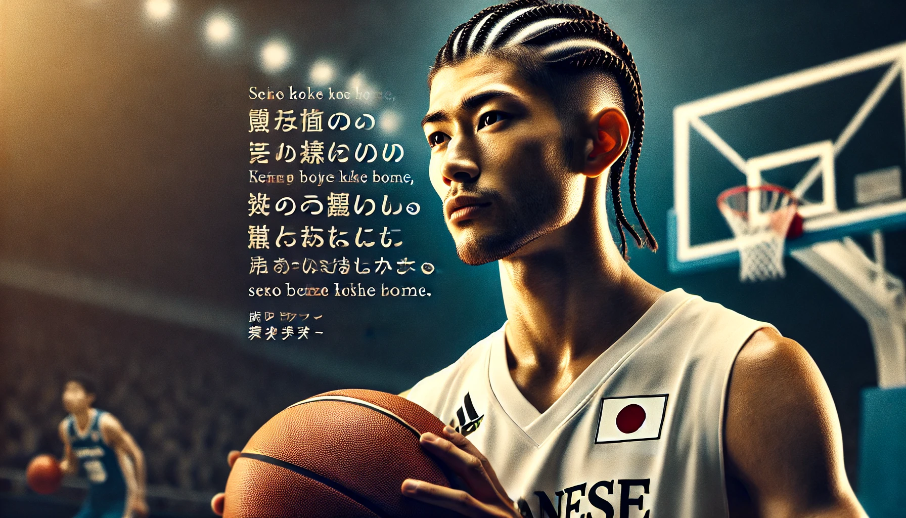 A Japanese basketball player with a cool cornrow hairstyle, delivering an inspiring quote on the court. The player is holding a basketball, looking determined and confident. The quote appears above or beside him, in bold letters, against the backdrop of the basketball court. The atmosphere is motivational, emphasizing the power of words and sports.