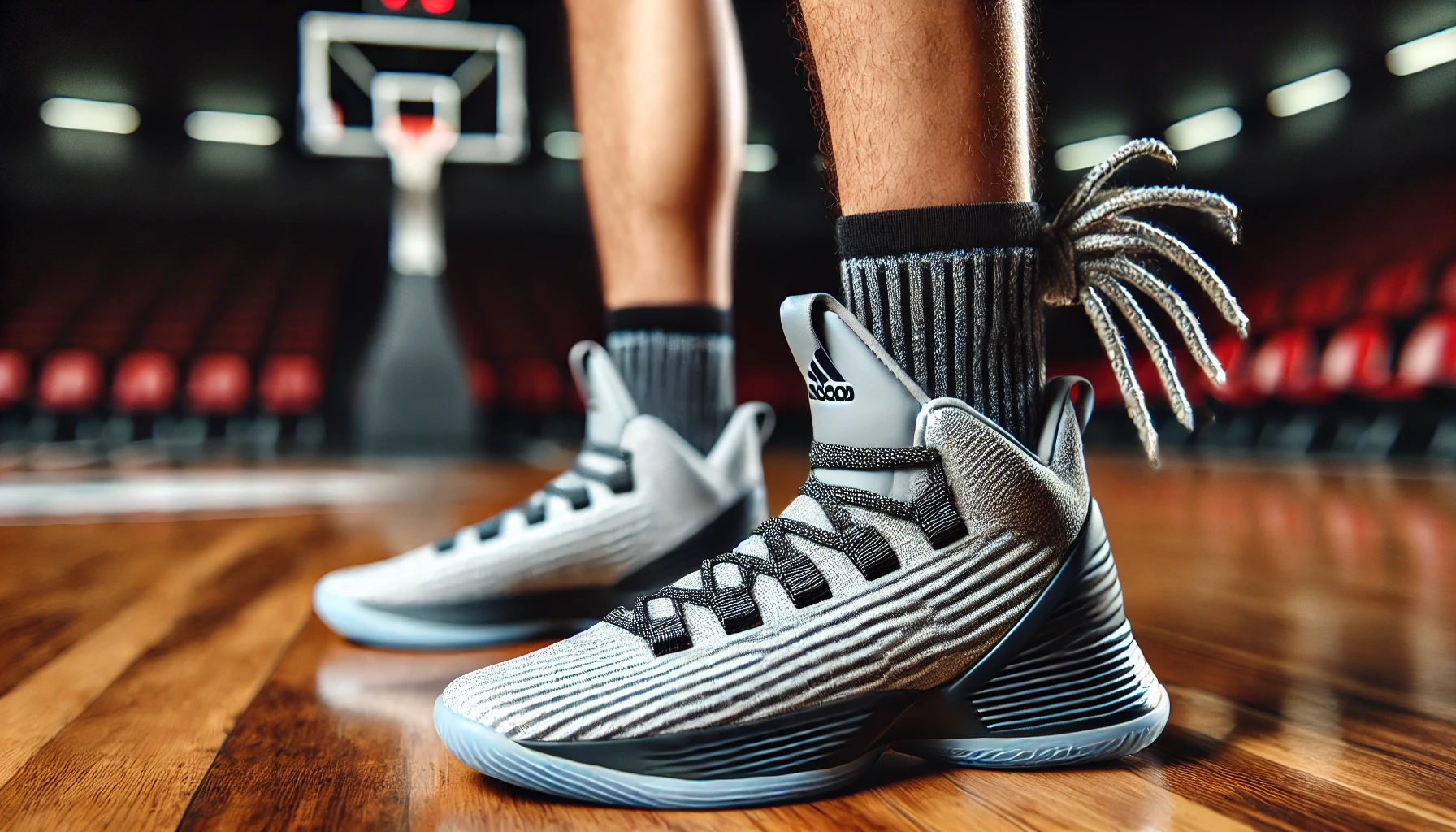 A close-up of stylish basketball sneakers worn by a Japanese player with a cool cornrow hairstyle. The sneakers are modern and sleek, designed for performance on the court. The background shows a hint of the basketball court, with the focus primarily on the shoes, highlighting their design and function.