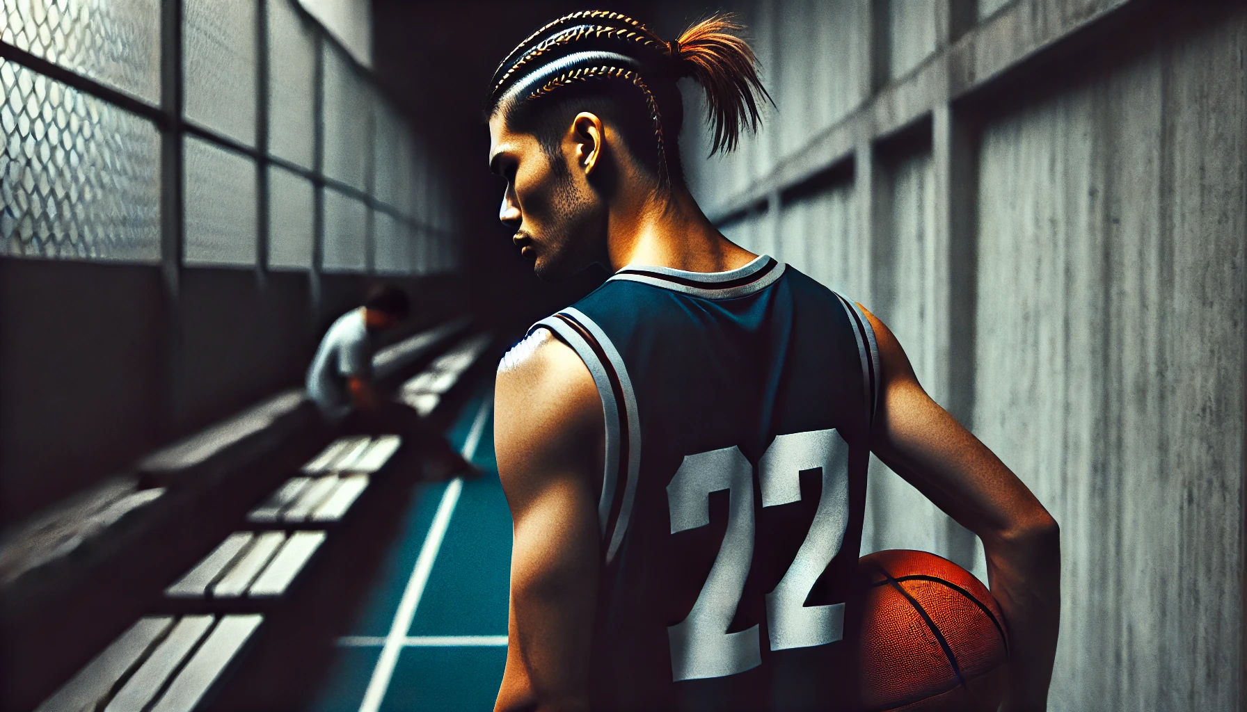 A stylish Japanese basketball player with a cool cornrow hairstyle, seen from behind, walking away from the basketball court. The player is in a basketball jersey and shorts, with a slight shadow cast as he leaves. The atmosphere is a mix of melancholy and determination, capturing the moment of departure.