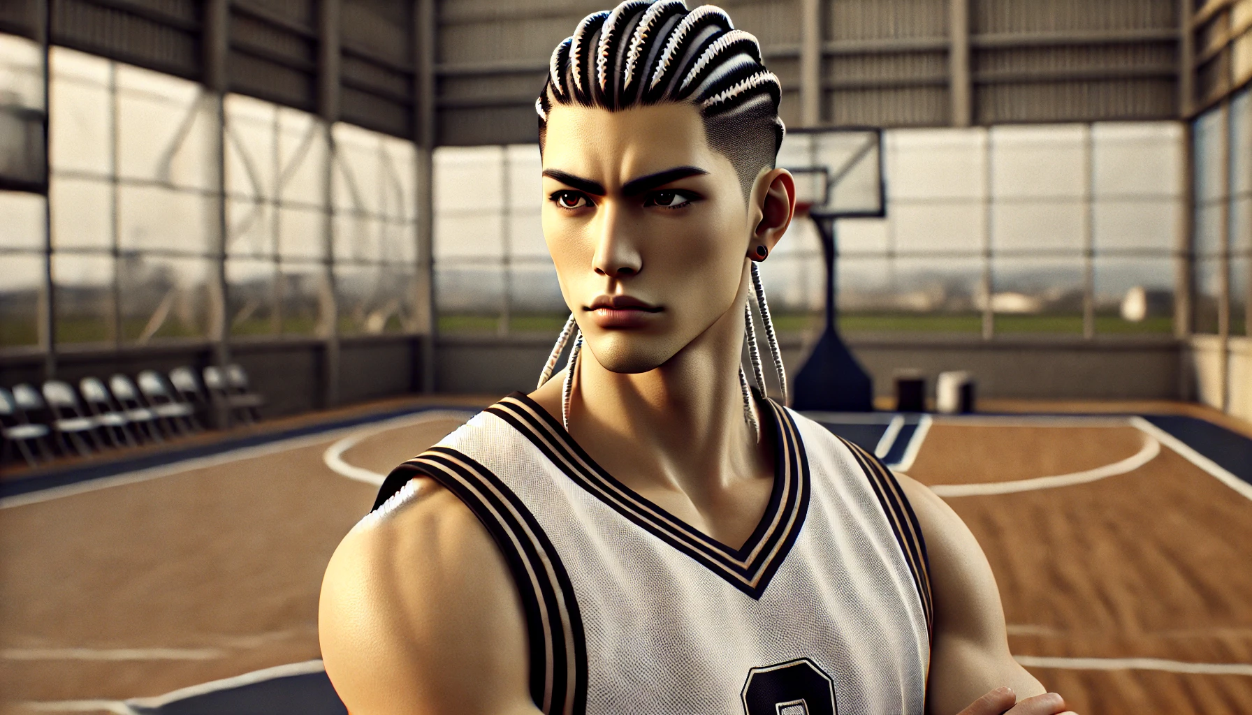 A stylish Japanese basketball player with a cool cornrow hairstyle, standing confidently on the court. The player has an athletic build, wearing a basketball jersey, and exudes a strong presence. The background shows a typical basketball court with a hoop and markings. The atmosphere is intense, with the character ready for action.