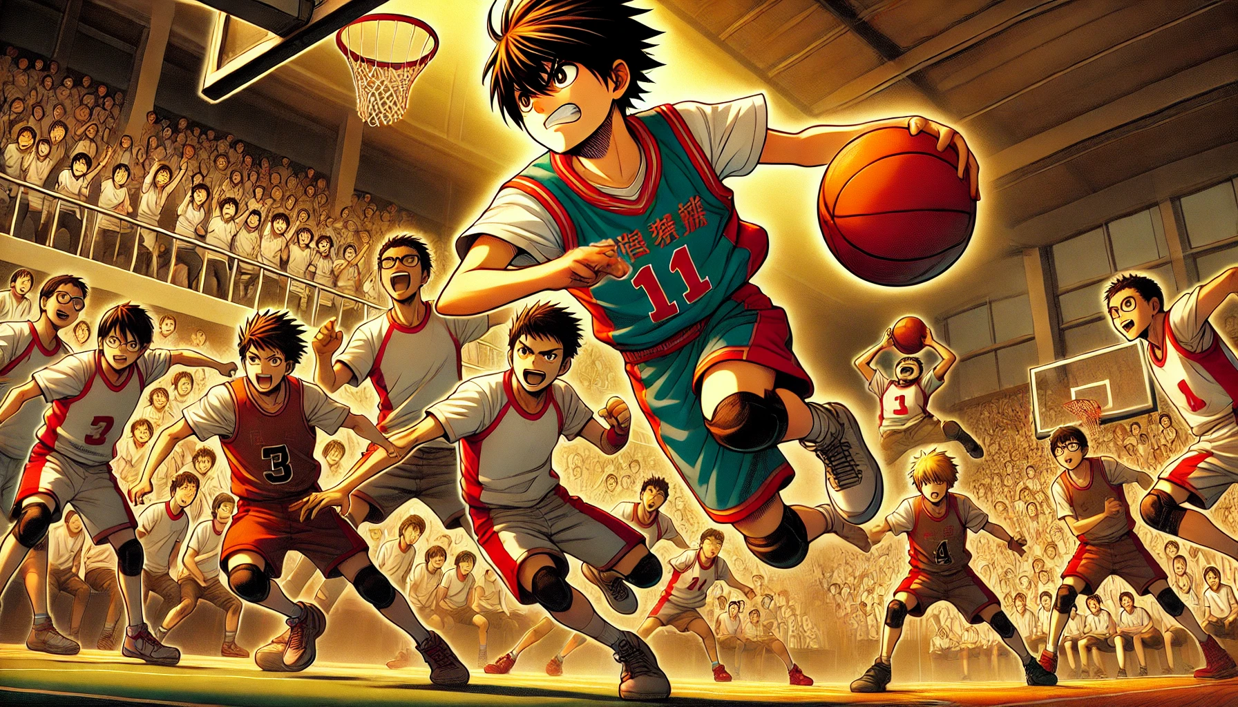 A dynamic scene featuring a small-sized Japanese high school student excelling in basketball, driving through defenders on a court. The background shows an intense game setting with cheering crowds. The main character is depicted in mid-action, emphasizing his determination and agility. The overall style is vibrant and energetic, capturing the essence of a popular sports anime.