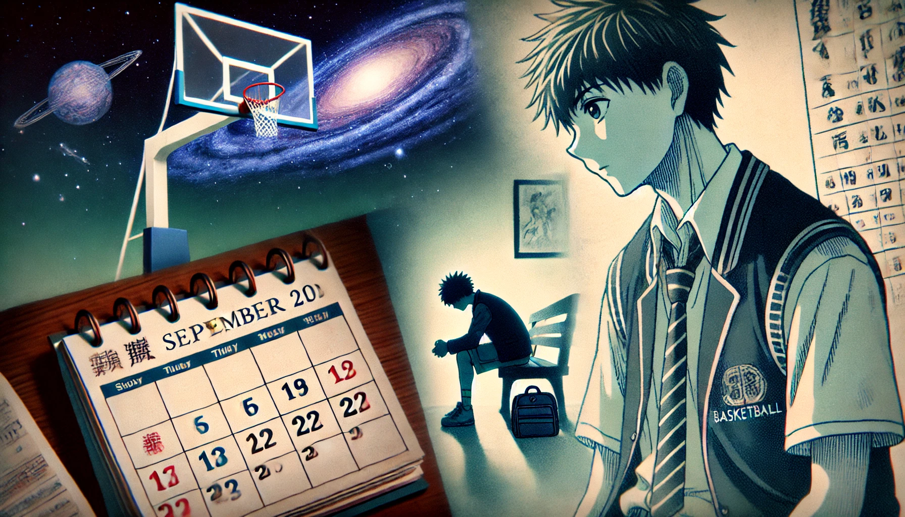 A scene depicting the suspension of a popular anime series featuring a small-sized Japanese high school basketball player. The image shows a somber atmosphere with an empty basketball court, a calendar marked with a paused date, and the main character looking down in contemplation. The overall mood is reflective, indicating the sudden halt of the anime series.