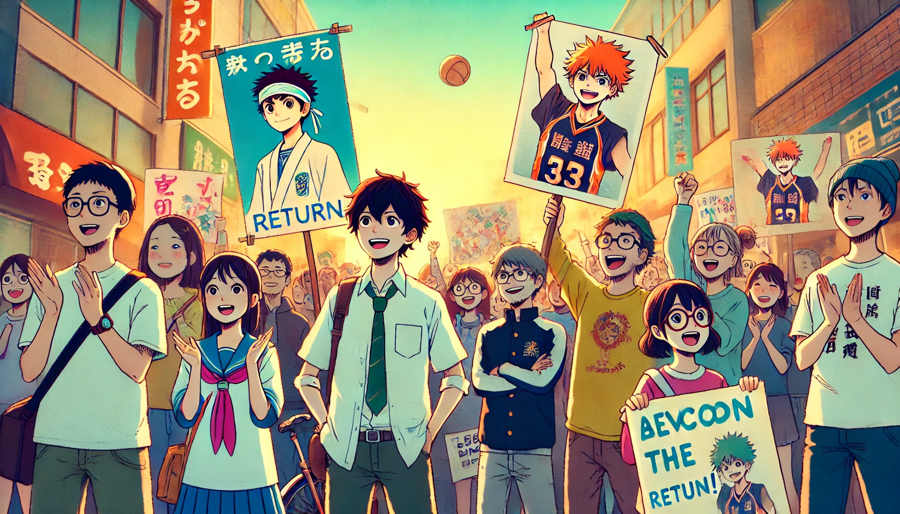 A hopeful scene of fans supporting the return of a popular anime series featuring a small-sized Japanese high school basketball player. The image shows fans holding banners and posters, some wearing themed clothing, gathered outside an animation studio. The mood is uplifting, with bright colors and expressions of optimism as they advocate for the continuation of their beloved anime.