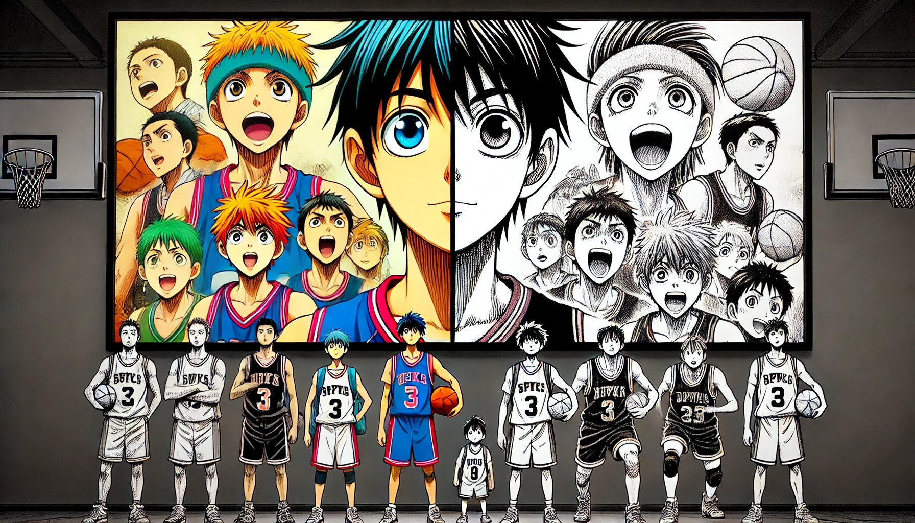 A comparison scene between an anime adaptation and the original manga of a popular basketball series featuring a small-sized Japanese high school player. The image shows split-screen panels: one side depicting the anime's vibrant, colorful animation style, and the other side showing the manga's detailed black-and-white artwork. Both sides feature the same basketball scene, highlighting the differences and similarities between the two mediums.