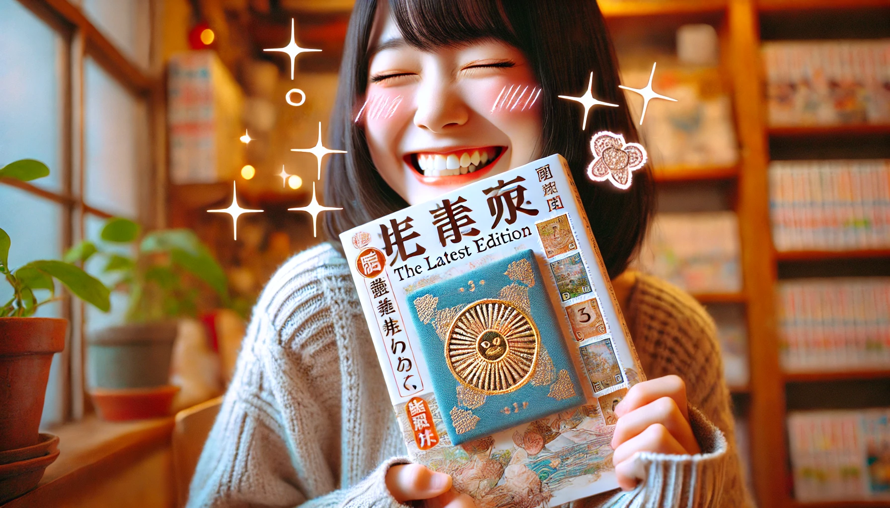 A joyful Japanese person holding the latest edition of a manga, with a glittery, sparkly goshuincho (御朱印帳, Japanese temple stamp book) as a special bonus. The person is smiling, clearly excited about the goshuincho attached to the manga. The scene is set in a cozy indoor environment, with the manga and goshuincho prominently displayed. The overall atmosphere is warm and cheerful, highlighting the happiness of receiving this special edition.