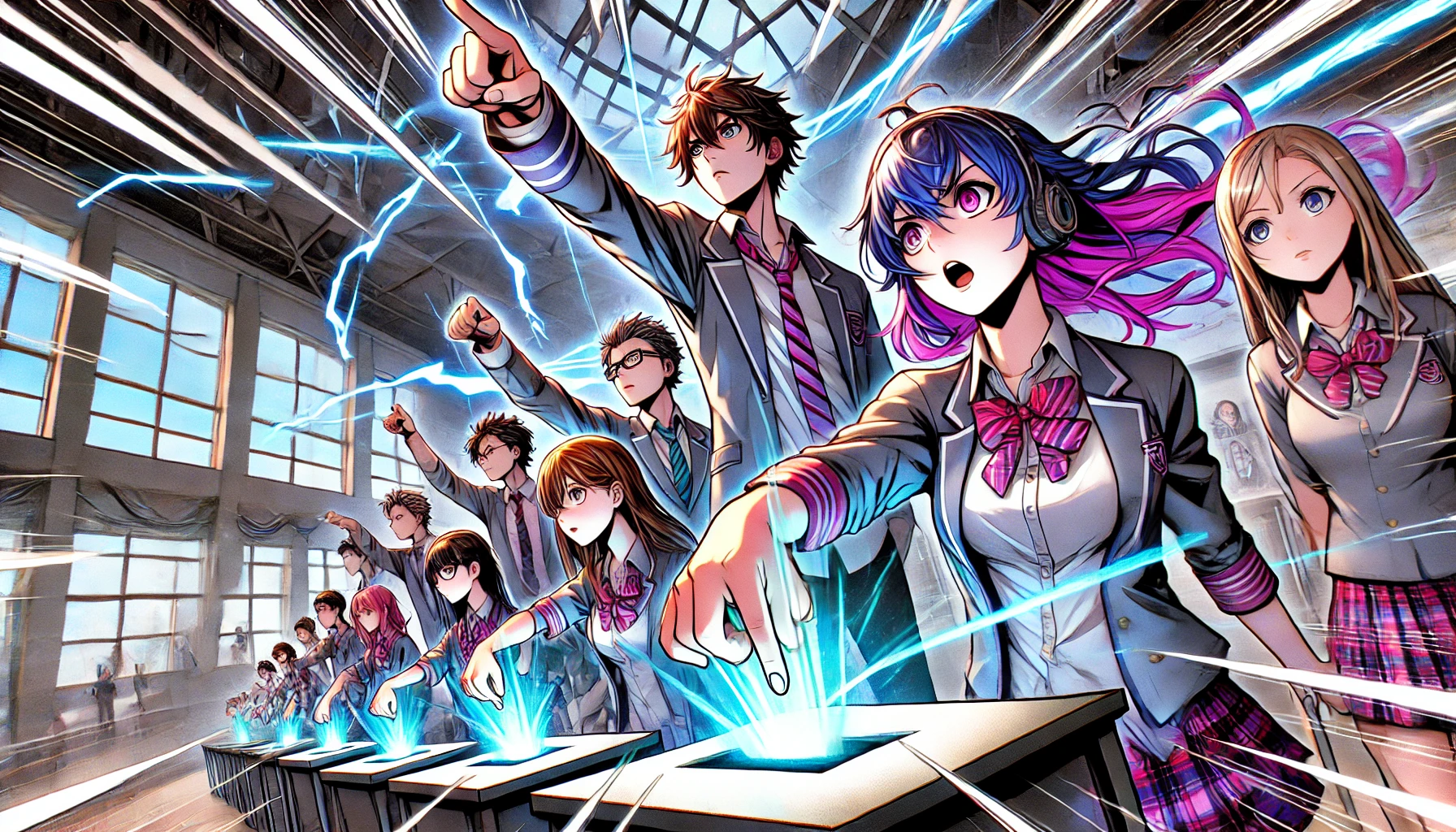 A dynamic scene from a manga featuring high school students with supernatural powers, engaged in a popular vote. The students are shown casting votes in a futuristic setting, with vibrant colors, action lines, and an intense atmosphere. The characters have distinctive appearances, typical of manga art style, and the setting is in a school environment, blending modern and slightly futuristic elements. The scene captures the excitement and competition of a popularity contest, with various expressions of determination and focus on the students' faces.