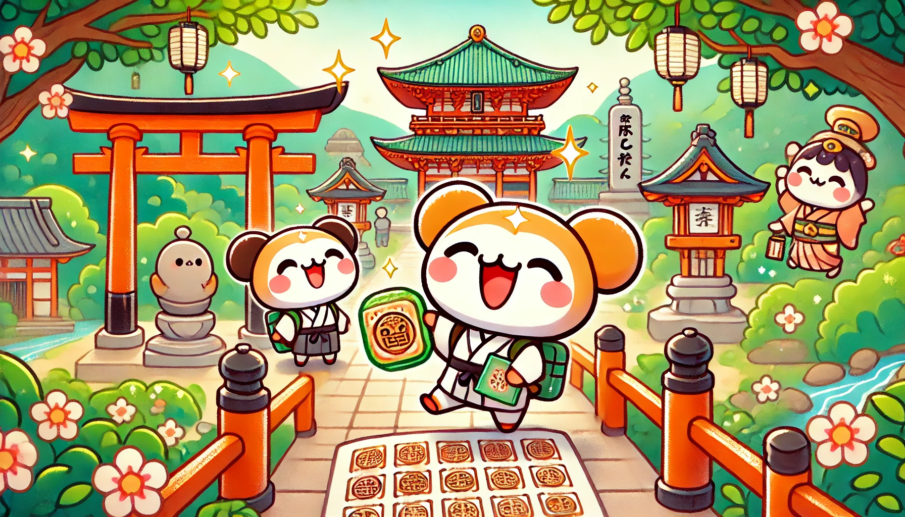 Chiikawa-like characters happily visiting Japanese temples, holding a glittery, sparkly goshuincho (御朱印帳, Japanese temple stamp book). The scene shows the characters exploring traditional Japanese temple architecture, with the goshuincho in hand. The overall atmosphere is cute, vibrant, and cheerful, highlighting the joy of temple visits and collecting goshuin. The background includes traditional Japanese elements such as torii gates, temple buildings, and lush greenery.