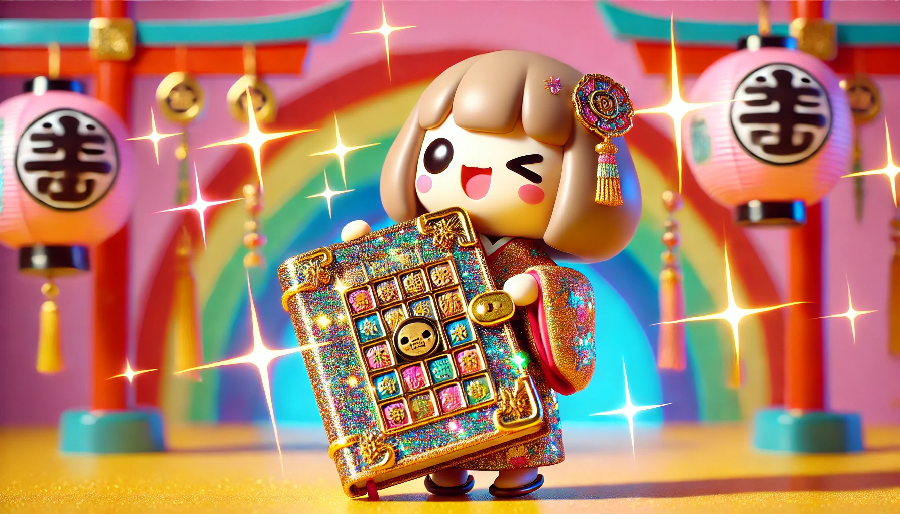 A chiikawa-like character holding a glittery, sparkly goshuincho (御朱印帳, Japanese temple stamp book) against a bright and colorful background. The goshuincho is decorated with shiny elements, making it stand out. The character is smiling and holding the book with pride. The overall atmosphere is cute, vibrant, and cheerful, with a focus on the beautiful details of the goshuincho.