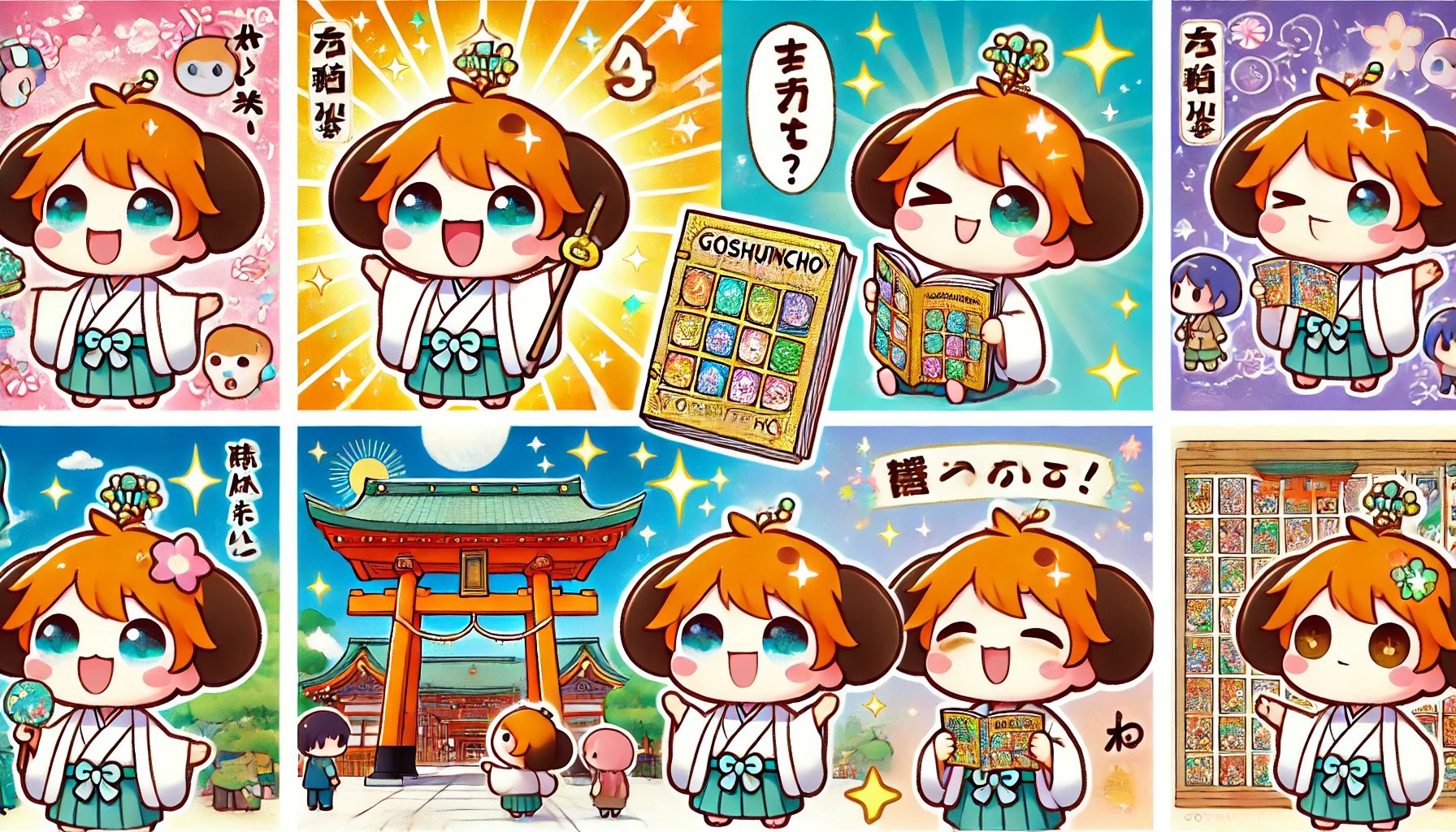 A set of four images featuring chiikawa-like characters with a glittery, sparkly goshuincho (御朱印帳, Japanese temple stamp book). The first image shows the characters holding a shiny, decorative goshuincho against a bright background. The second image depicts the characters happily visiting temples with their glittery goshuincho in hand, surrounded by traditional Japanese temple architecture. The third image shows a joyful person (Japanese) holding a manga's latest edition, which includes the glittery goshuincho as a special bonus. The fourth image illustrates the difficulty of obtaining this special goshuincho, with the characters looking worried or stressed, holding an empty box with the goshuincho in it or standing in front of a sold-out sign. The images should all have a cute, vibrant, and colorful style with a bright and positive atmosphere.