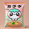 A package of instant ramen with a cute, round character that has large eyes, small ears, and a simple, pastel-colored design similar to the style of Chiikawa. The character is prominently displayed on the package, which features bright colors and playful fonts, suitable for a fun and youthful theme. The package is a bag typically used for instant ramen, and the background is clean and simple, allowing the package design to stand out clearly.