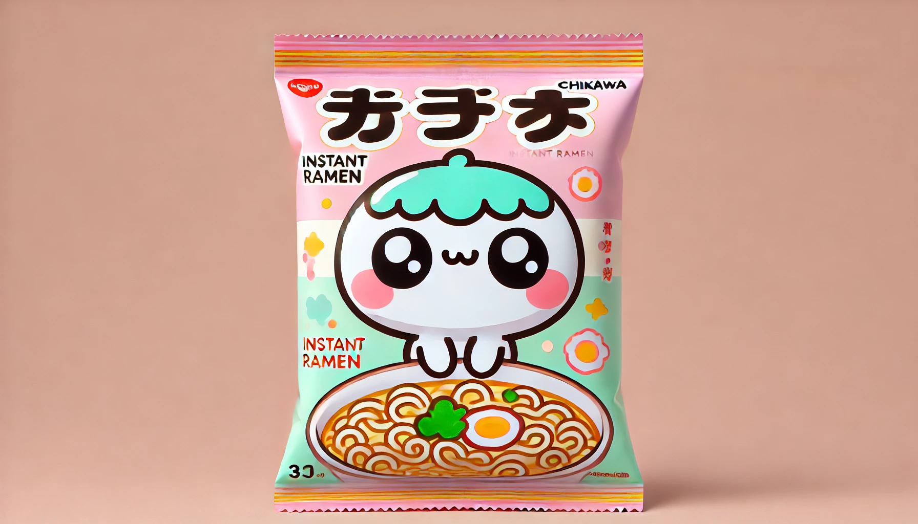 A package of instant ramen with a cute, round character that has large eyes, small ears, and a simple, pastel-colored design similar to the style of Chiikawa. The character is prominently displayed on the package, which features bright colors and playful fonts, suitable for a fun and youthful theme. The package is a bag typically used for instant ramen, and the background is clean and simple, allowing the package design to stand out clearly.