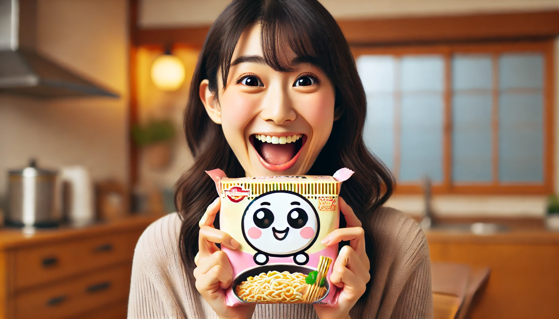 A happy Japanese person excitedly holding a package of instant ramen with a cute, round character that has large eyes, small ears, and a simple, pastel-colored design similar to the style of Chiikawa. The person is smiling widely, clearly thrilled to have the product. The setting is in a typical Japanese home or store, with a warm, welcoming atmosphere that enhances the joyful mood.