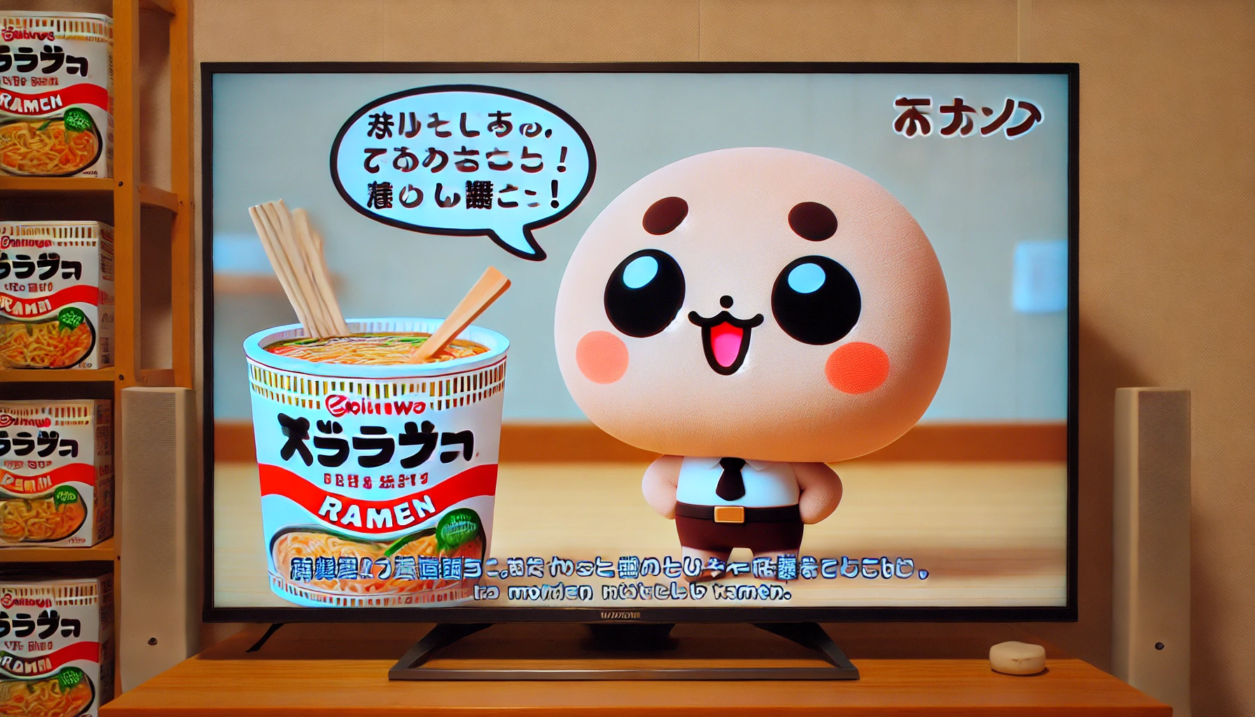 A television commercial scene featuring a cute, round character with large eyes, small ears, and a simple, pastel-colored design similar to the style of Chiikawa, promoting a ramen product. The scene is lighthearted but is shown to be controversial, with speech bubbles or text indicating a heated debate about the content. The setting is bright and playful, with the character animatedly interacting with the product.