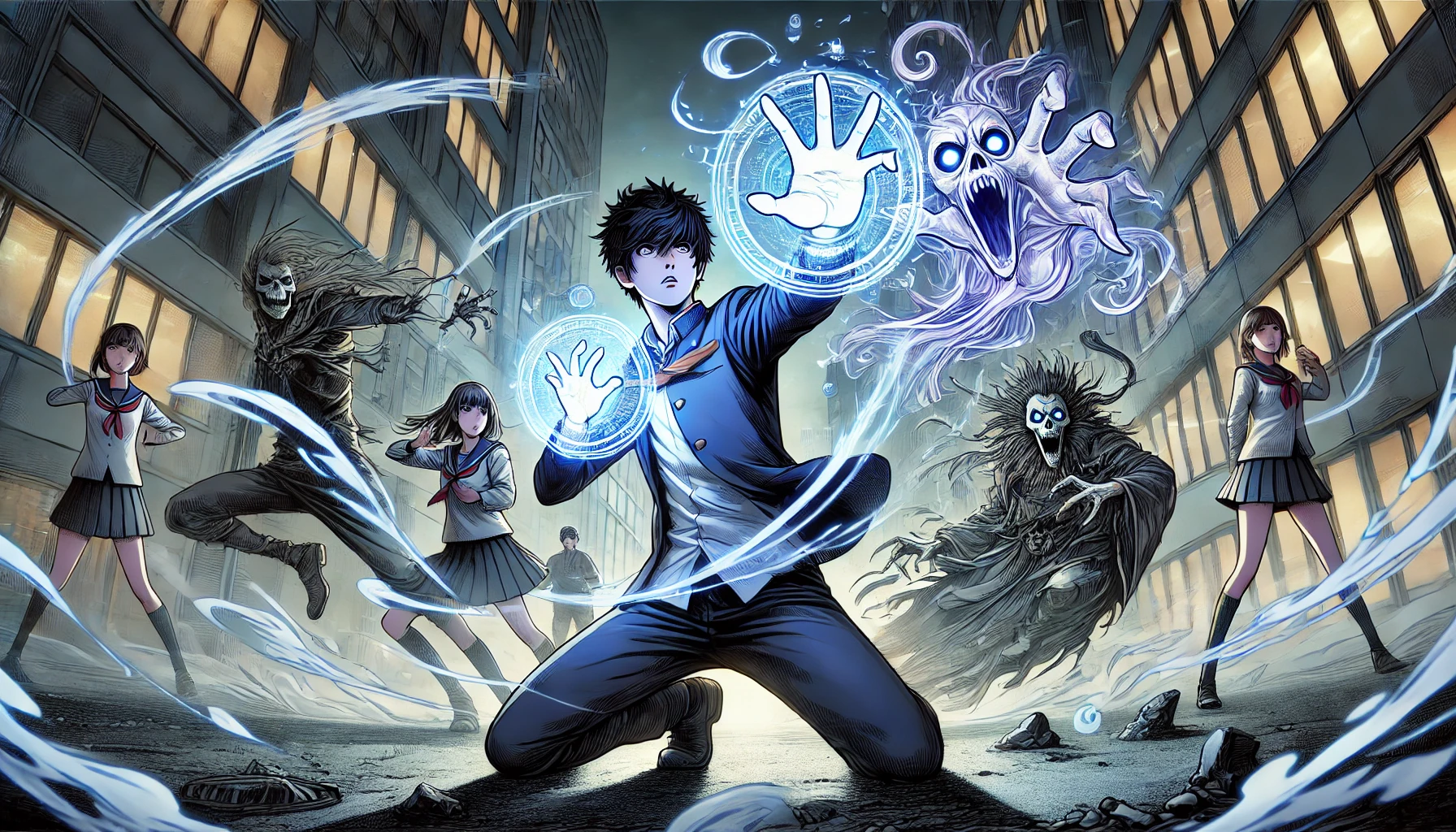 A dynamic manga-style image featuring high school students using magical techniques (jujutsu) to battle against eerie and menacing spirits (curses). The high school students are Japanese, depicted in intense action poses, with supernatural energy emanating from their hands. The background shows a dark urban environment, with a strong contrast between the shadows and the bright, mystical powers being used. The overall atmosphere is intense and action-packed, reflecting a supernatural battle taking place in a modern city.