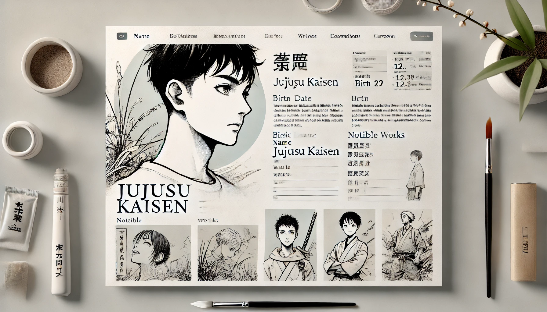 A profile page of a manga artist, featuring a clean, minimalistic design. The page includes a portrait of the artist, basic information such as name, birth date, and notable works like 'Jujutsu Kaisen'. The background is light and neutral, with subtle artistic elements like ink splashes or sketch lines. The atmosphere is professional and organized, highlighting the artist's accomplishments and career.