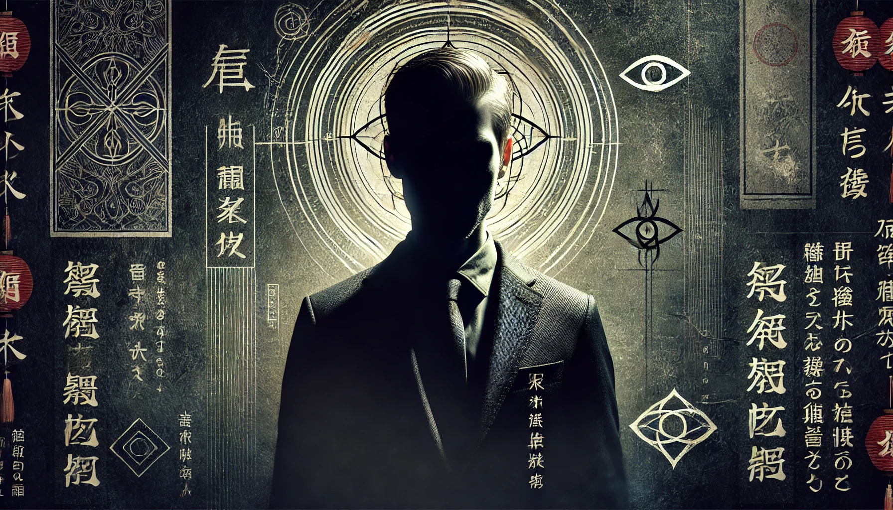 A mysterious figure, partially obscured, surrounded by shadows and Japanese calligraphy. The setting is dark and enigmatic, with only the outline of the person's face visible. The background is filled with symbols and abstract designs that suggest secrecy and hidden knowledge. The atmosphere is tense and mysterious, with an emphasis on the unknown identity and background of the figure.