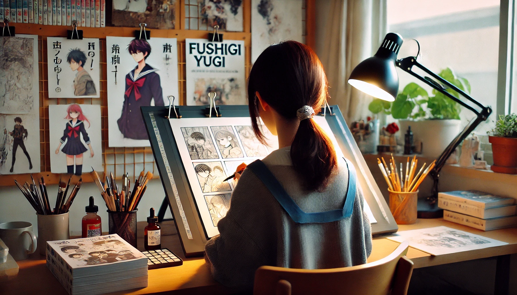 A rear view of a Japanese woman sitting at a desk, working on drawing manga panels for 'Fushigi Yugi'. The setting is a cozy, well-lit workspace with art supplies and reference materials scattered around.