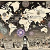 An illustration showing the global expansion of a Japanese manga about high school students fighting spirits using mystical curses. The image depicts a map of the world with connections between Japan and various other countries, highlighting the international reach. There are small icons of books, comics, and anime around different regions, representing the spread of the manga across the globe. The background includes subtle Japanese cultural elements like cherry blossoms and traditional motifs, combined with modern, digital elements to show the blend of tradition and modernity in this global spread.