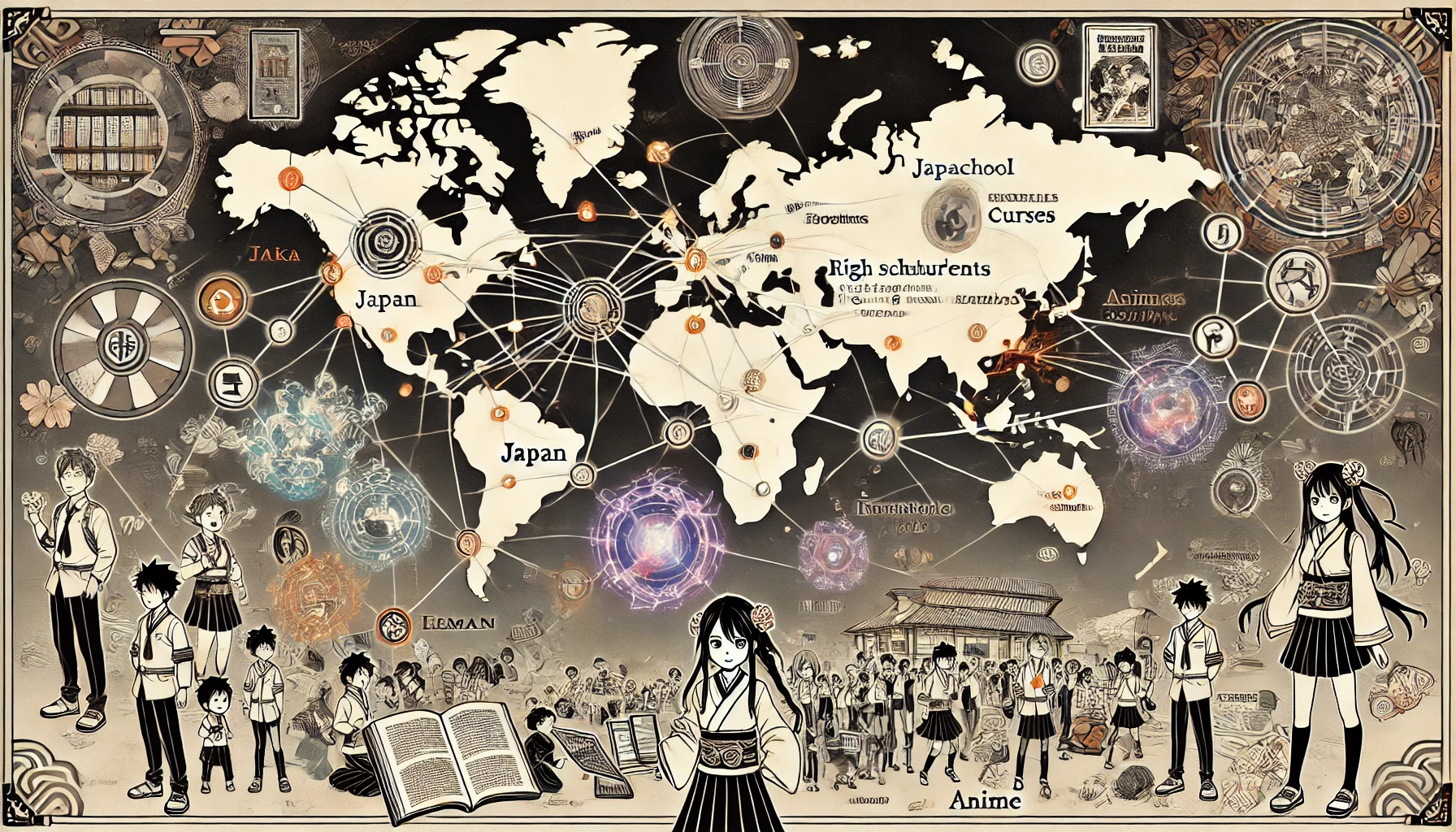 An illustration showing the global expansion of a Japanese manga about high school students fighting spirits using mystical curses. The image depicts a map of the world with connections between Japan and various other countries, highlighting the international reach. There are small icons of books, comics, and anime around different regions, representing the spread of the manga across the globe. The background includes subtle Japanese cultural elements like cherry blossoms and traditional motifs, combined with modern, digital elements to show the blend of tradition and modernity in this global spread.