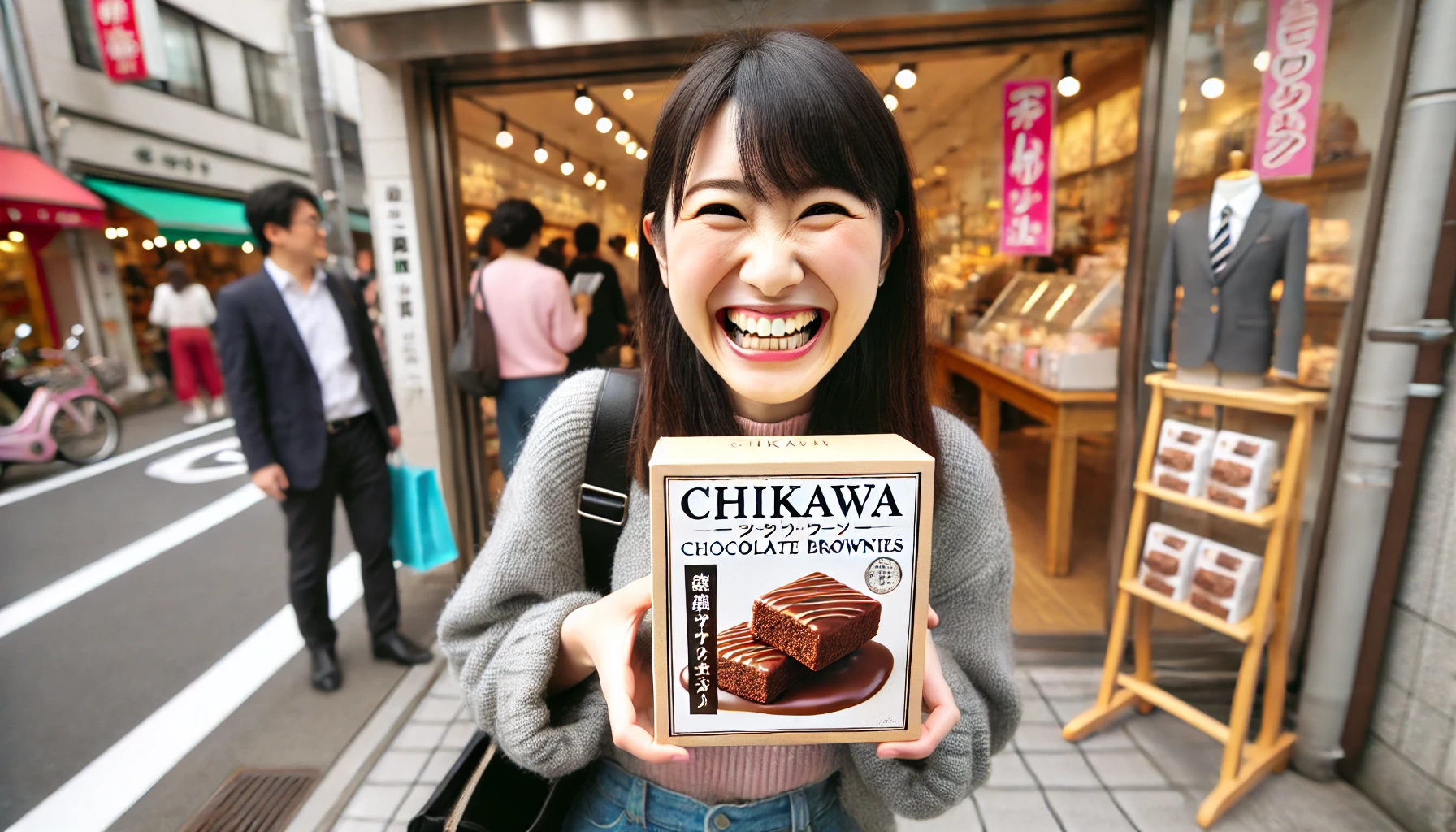 A cheerful Japanese person smiling with joy, holding a box of 'chiikawa'-style chocolate brownies, standing in front of a store. The person's excitement is visible, and they are showing off the box with pride. The background includes a bright storefront, with other customers passing by. The setting is lively and festive, with a sense of achievement from purchasing the popular product.