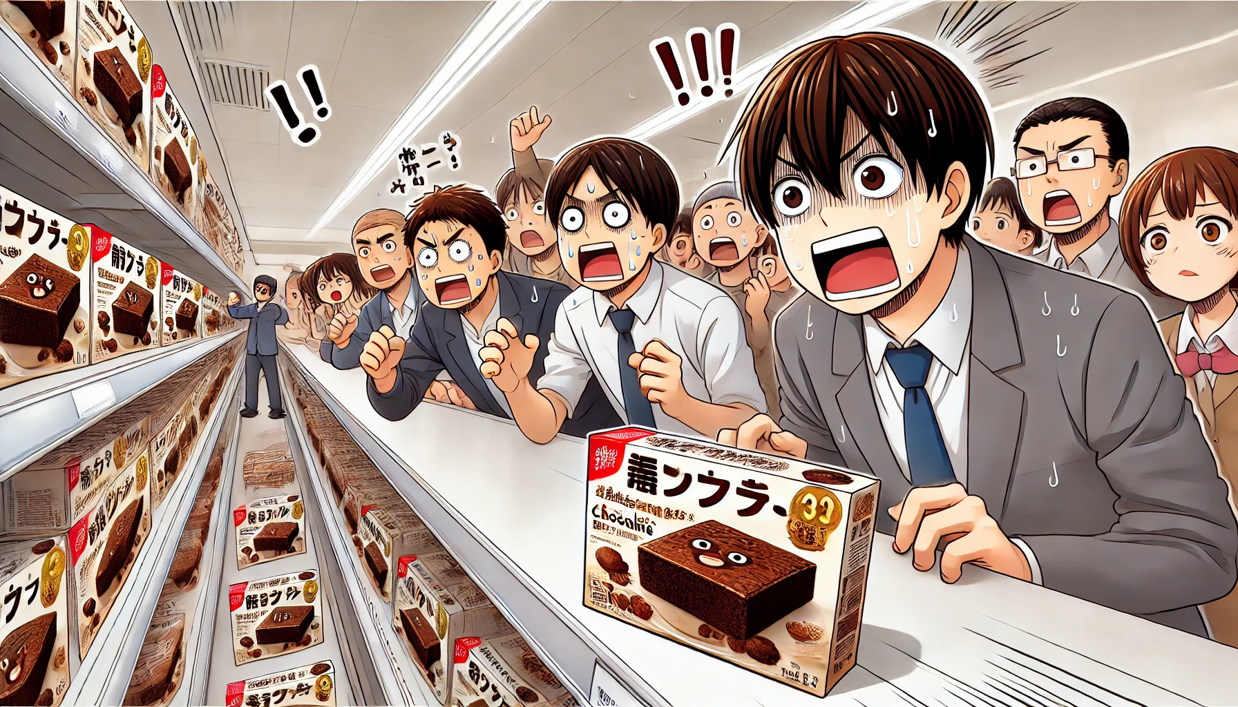 A group of Japanese customers eagerly looking at shelves filled with a 'chiikawa'-style character chocolate brownie product in a store, but some shelves are already empty due to high demand. The expressions on the customers' faces show surprise and excitement. The store looks modern, with bright lights and clean aisles, creating a sense of urgency as people try to grab the remaining products.