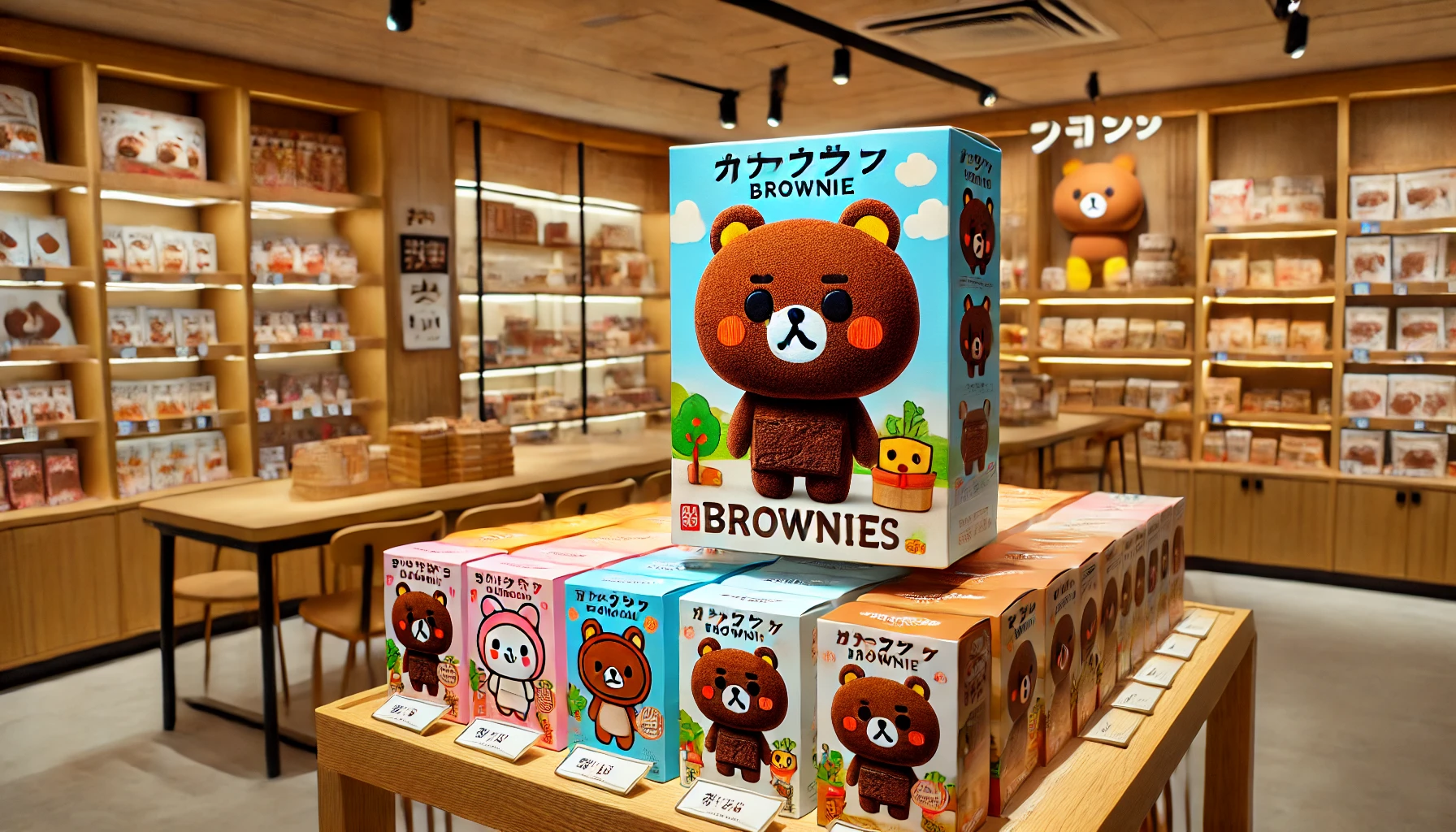 A display showing a cute, Japanese-inspired brownie treat, resembling a 'chiikawa'-style character on the packaging, in a brightly lit store. Shelves are lined with colorful boxes of these chocolate brownies, each decorated with cute characters. The store environment is modern, with wooden shelves and warm lighting. The setting hints at a popular snack shop or bakery in a bustling city.