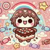 A cute and cheerful cartoon character resembling 'chiikawa' holding a delicious chocolate brownie, decorated with sprinkles and small hearts. The character is surrounded by a whimsical, colorful background with soft pastel tones, featuring stars, clouds, and candies. The style is playful, lighthearted, and joyful, making the brownie stand out as a delightful treat.