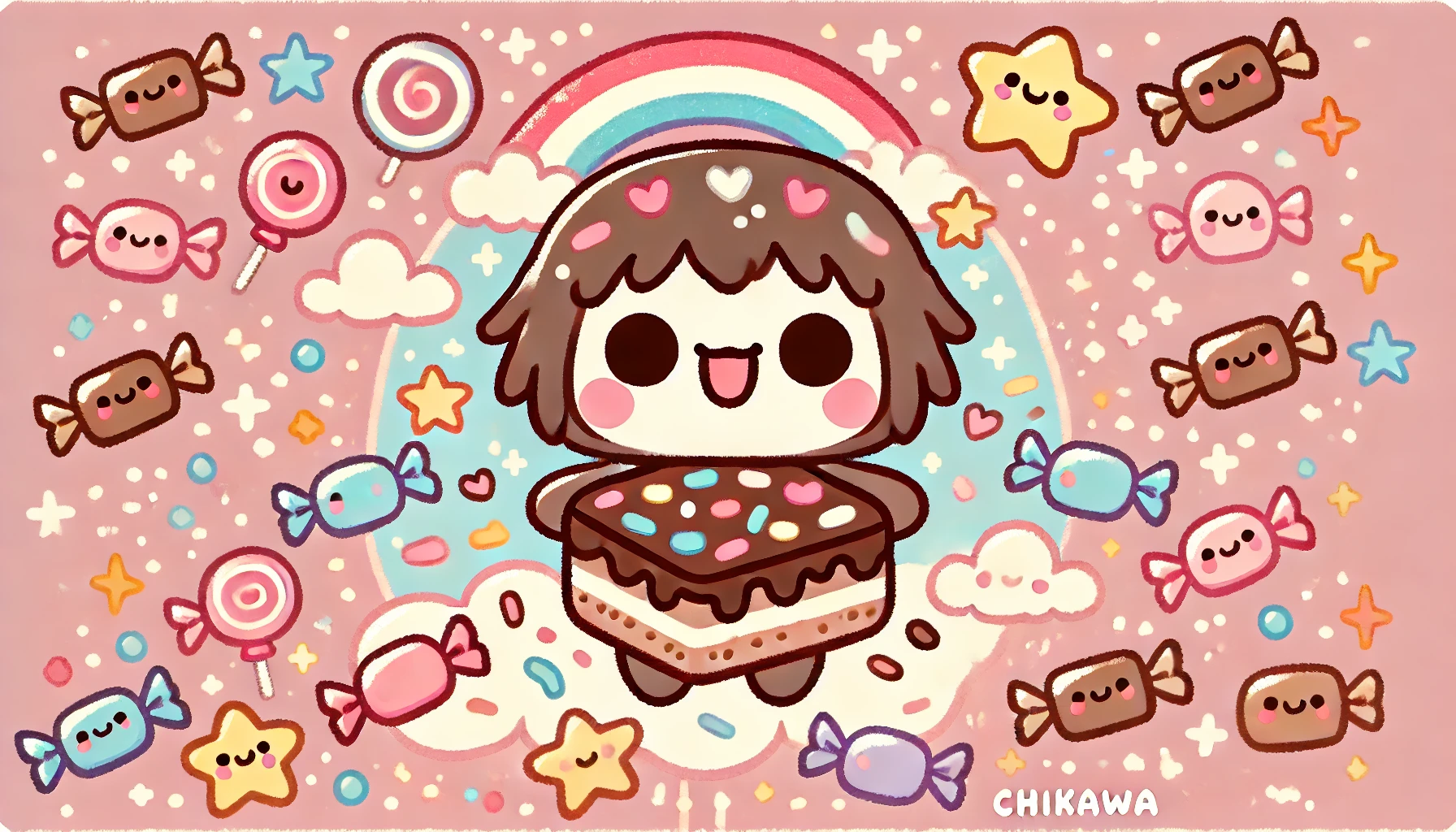 A cute and cheerful cartoon character resembling 'chiikawa' holding a delicious chocolate brownie, decorated with sprinkles and small hearts. The character is surrounded by a whimsical, colorful background with soft pastel tones, featuring stars, clouds, and candies. The style is playful, lighthearted, and joyful, making the brownie stand out as a delightful treat.