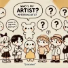 A group of 'chiikawa'-like characters, with speech bubbles above their heads, speculating about their mysterious artist. The characters are small, adorable, and expressive, fitting the 'chiikawa' style. The background is simple, allowing the characters to stand out as they talk to each other with curious expressions. The setting feels light-hearted but with a hint of mystery, as the characters try to guess who their artist is. Horizontal 16:9 aspect ratio.