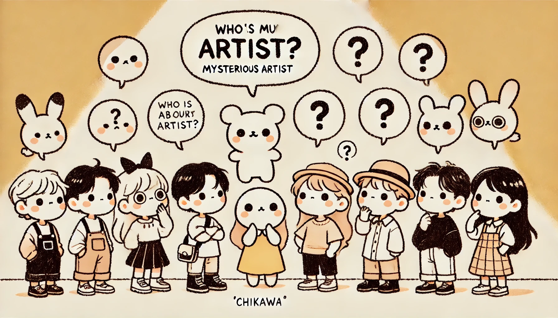 A group of 'chiikawa'-like characters, with speech bubbles above their heads, speculating about their mysterious artist. The characters are small, adorable, and expressive, fitting the 'chiikawa' style. The background is simple, allowing the characters to stand out as they talk to each other with curious expressions. The setting feels light-hearted but with a hint of mystery, as the characters try to guess who their artist is. Horizontal 16:9 aspect ratio.