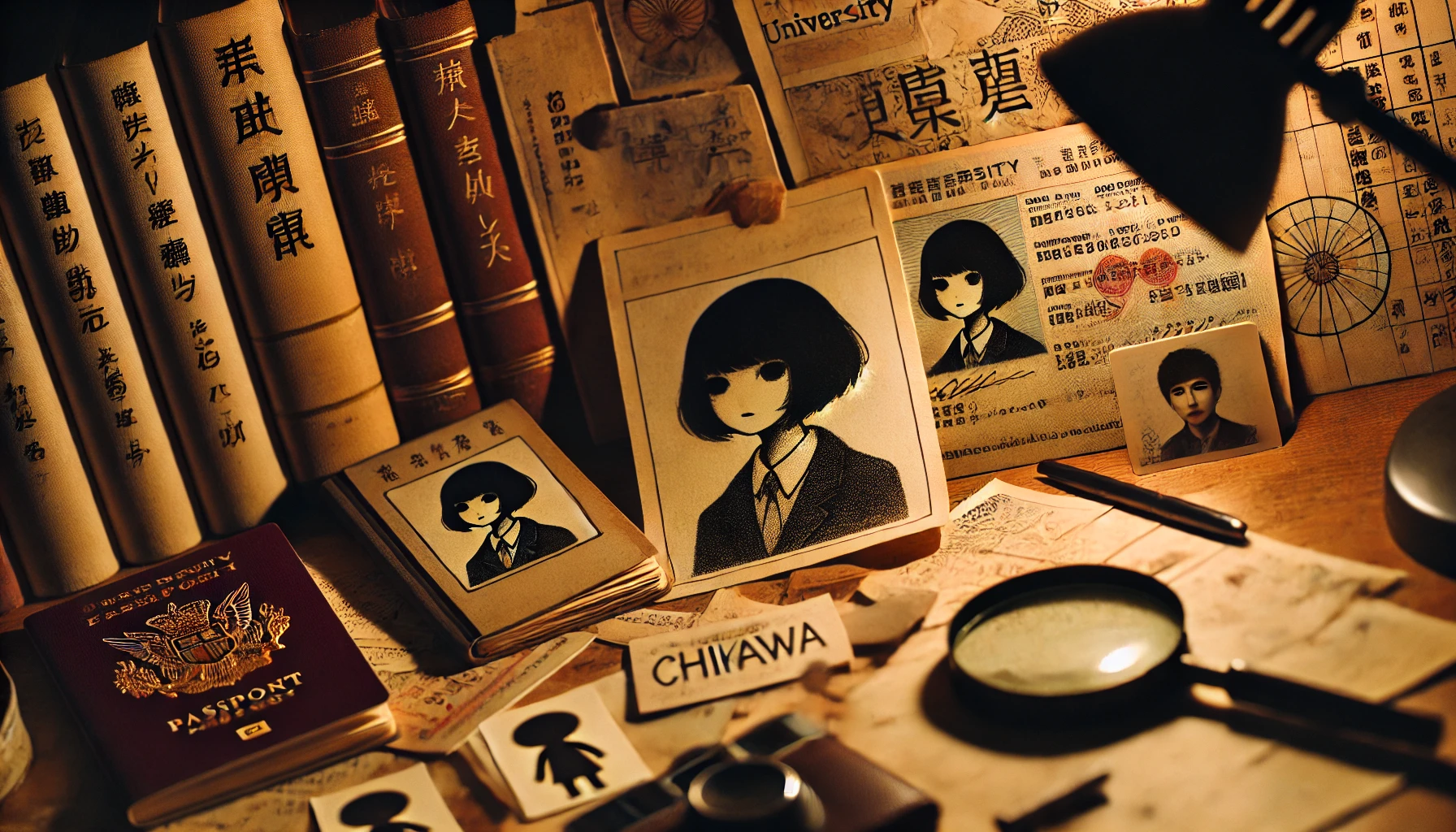 A mysterious Japanese artist with a hidden profile, surrounded by papers, notebooks, and clues about her life. The setting is dimly lit, adding an air of mystery. Small, 'chiikawa'-like characters appear on some papers as sketches. The atmosphere suggests intrigue, with items like university books and passports partially hidden, teasing at her unknown profile. Horizontal 16:9 aspect ratio.