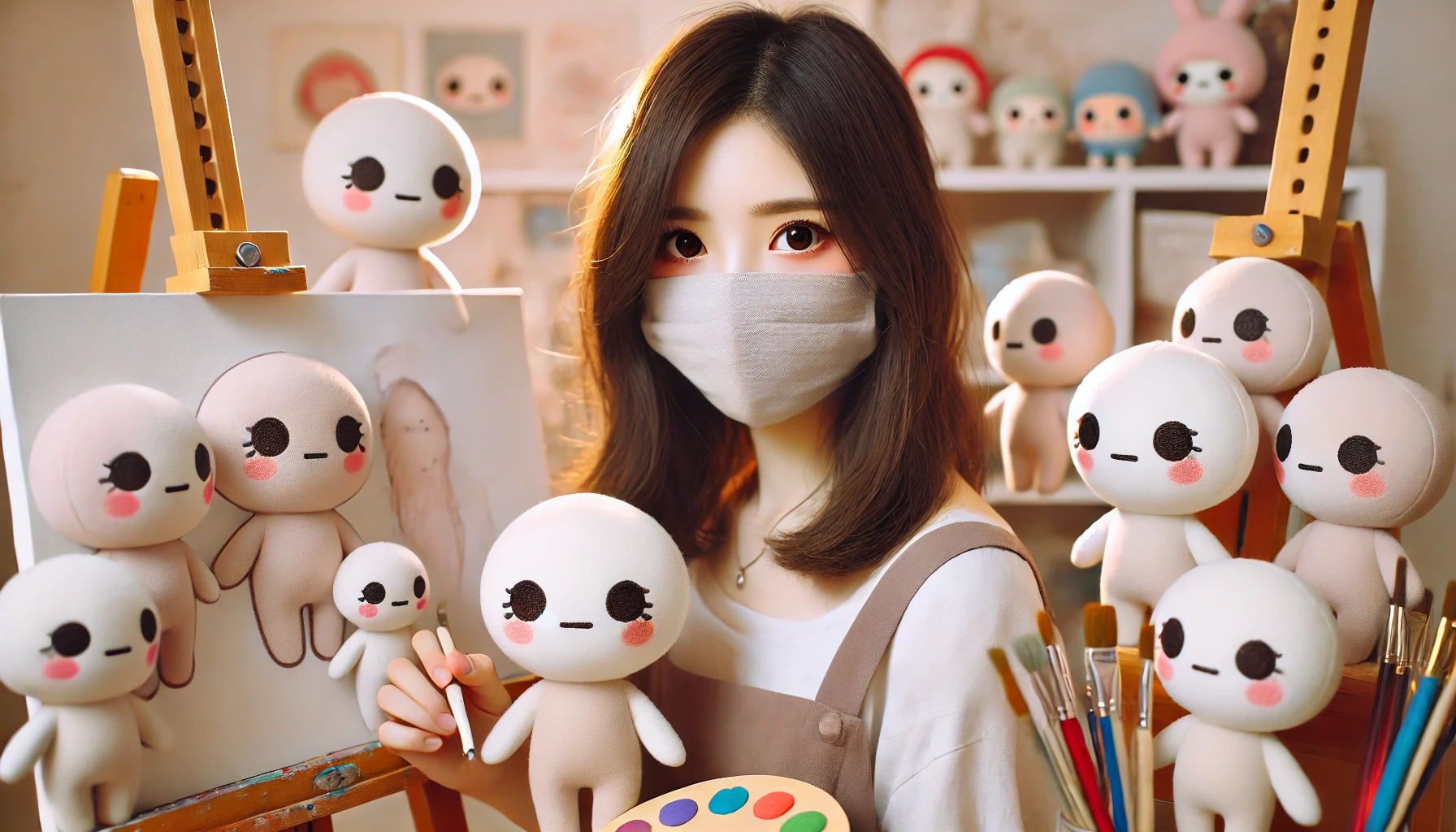 A female Japanese artist with a mysterious and hidden face, surrounded by soft, cute characters resembling 'chiikawa' style. The characters are adorable, with large eyes and small, simple bodies. The setting is artistic, with the artist sitting in front of a blank canvas, while her face is slightly turned away from the viewer, maintaining her anonymity. The style is whimsical, with pastel colors dominating the scene. The environment has a cozy, studio-like feel with art supplies scattered around. Horizontal 16:9 aspect ratio.