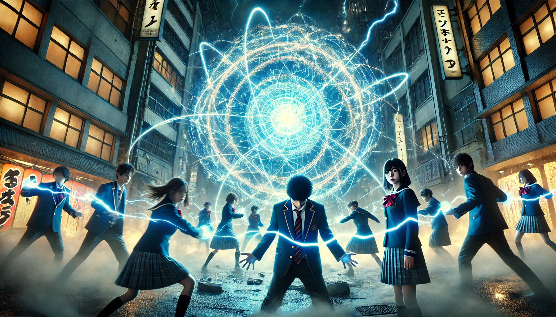 A group of Japanese high school students using mystical powers to defeat evil spirits in a dark, urban environment, with a large, complex energy field around them representing a powerful 'domain expansion' technique. The scene is filled with glowing energy and intense expressions of focus from the students, showing the drama and action of a battle against supernatural forces.