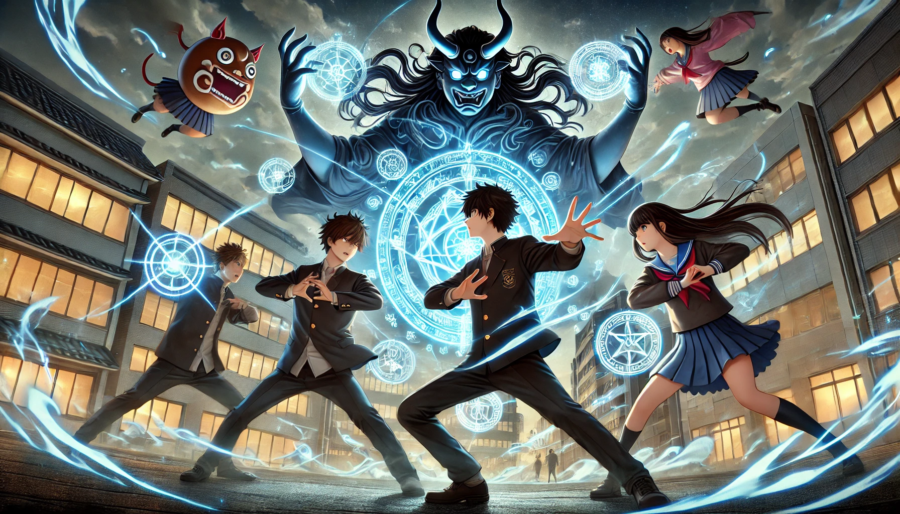 A dynamic scene of Japanese high school students, using mystical and powerful curses, fighting against a large, shadowy spirit (Jurei) in a modern urban setting. The students, depicted in school uniforms, are engaged in battle with intense energy, surrounded by glowing, magical symbols. The background shows a cityscape at dusk, with a mix of traditional Japanese elements and modern buildings, capturing the intensity and action of the scene. The characters should be Japanese, with focused expressions, highlighting their determination and strength in battle.