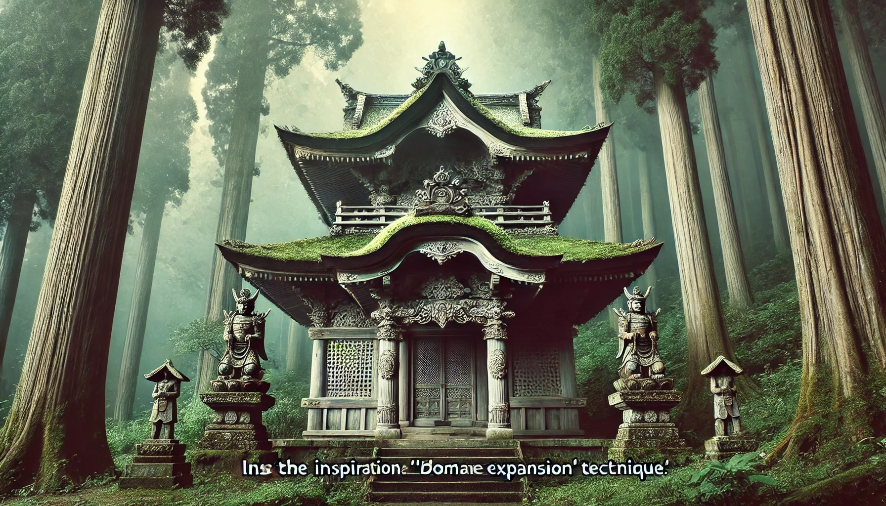 A mystical and ancient Japanese shrine surrounded by dense, misty forests, associated with legends and powerful spirits. The shrine is weathered, with intricate wooden carvings and statues of guardian deities, exuding an aura of mystery and reverence. This setting reflects the inspiration behind a powerful 'domain expansion' technique in the manga.