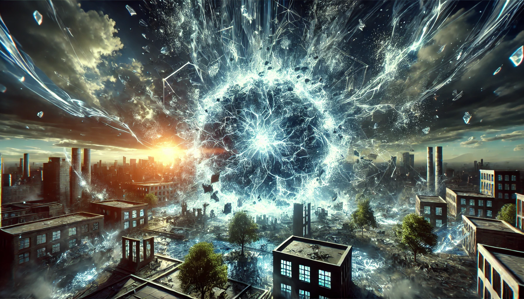 A powerful, glowing energy field representing a 'domain expansion' technique in an intense battle scene. The setting shows destructive effects on buildings, trees, and the environment, emphasizing the overwhelming force. The field is filled with glowing cracks, energy waves, and fragments, representing a powerful and 'too strong' effect in the context of the battle.